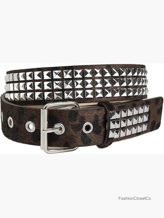Y2K Leopard Print PU Leather Belt with Studded Rivets